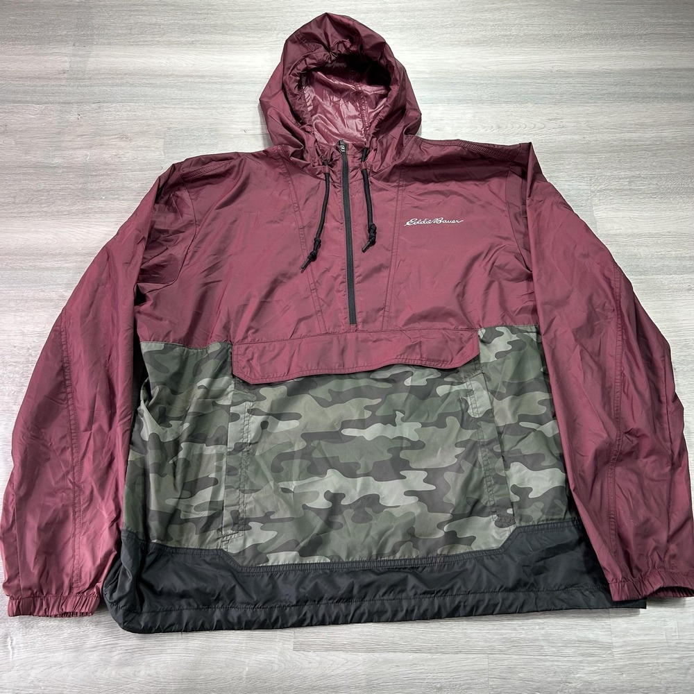Eddie Bauer Anorak Jacket Mens XL Windbreaker Camo Hooded 1/2 Zip Pullover